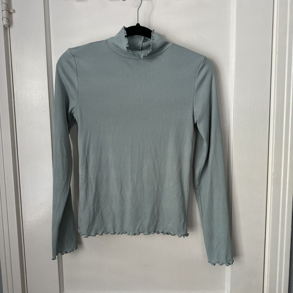 Mock Turtleneck Shirt Sage Long Sleeve Ruffle Detail Womens